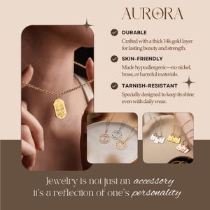 May include: A gold-colored necklace with a rectangular pendant featuring a zodiac symbol and the name "EMILY". The image also shows other gold necklaces with initial pendants. The word "AURORA" is at the top.