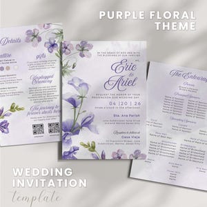 Plantilla de invitación de boda con tema floral morado Plantilla de paquete de invitación de boda lila Conjunto de invitación de boda imprimible violeta Floral