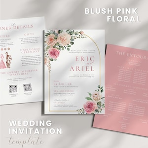 Blush Pink Floral Wedding Invitation Template: Editable Rose Design (PDF Download)