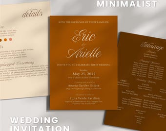 Puede incluir: Plantilla de invitación de boda minimalista en naranja quemado. La invitación presenta los nombres "Eric & Arielle" y la fecha de la boda, 25 de mayo de 2025. Los detalles adicionales incluyen los lugares de la ceremonia y la recepción. El diseño incluye una tarjeta de detalles y una tarjeta de séquito.