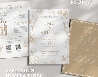 Beige Floral Wedding Invitation Template: Elegant Minimalist Canva Design (Digital Download)
