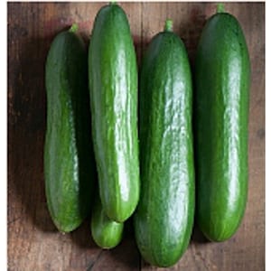 May include: Five green cucumbers on a wooden surface. The cucumbers are long and slender with a smooth, dark green skin.