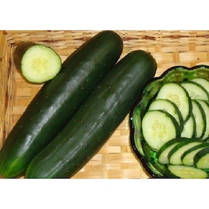 May include: Two whole green cucumbers and a bowl of sliced green cucumbers. The cucumbers are on a woven wicker surface.