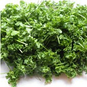 May include: A bunch of fresh, green parsley leaves.