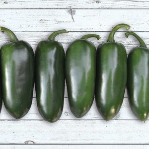May include: Six green jalapeno peppers lined up on a white wooden surface.
