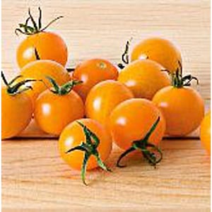 May include: A group of orange tomatoes on a wooden surface. The tomatoes are round and have a smooth skin.