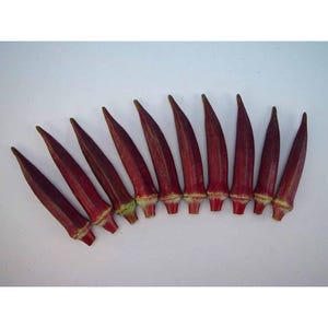 May include: A close-up of a row of red okra pods arranged in a semi-circle on a white surface.