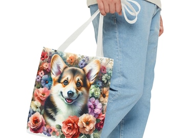 Corgi Tote Bag - Floral Canvas Bag - Reusable Grocery Bag - Nature Print Handbag