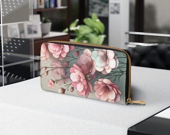 Floral Zippered Wallet with Pink Flowers – Elegant and Stylish Accessory