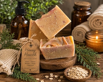 Jabón artesanal Honey Hearth / Jabón de avena y miel hecho a mano / Jabón de cera de abeja y aceite de oliva / Jabón de cedro y naranja / Regalo rústico