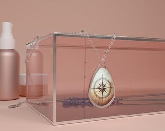 Vintage Compass Oval Pendant Necklace – Nautical Antique Map Jewelry for Explorer Gift