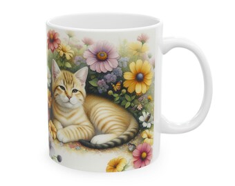 Floral Cat Lover Mug.  Ceramic Coffee Cup with Cute Pet Portrait and Blossoming Flowers.  Perfect Gift for Cat Moms and Dads