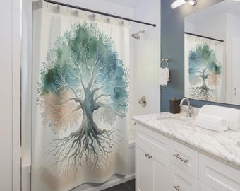 May include: A white shower curtain featuring a watercolour painting of a tree with green and blue leaves and brown roots. The tree is centrally positioned on the curtain and occupies most of the space.