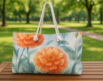 Floral Weekender Bag: Watercolor Marigold Design, Travel Tote