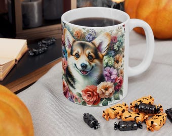 Floral Dog Lover Mug.  Ceramic Coffee Cup with Cute Pet Portrait and Blossoming Flowers.  Perfect Gift for Dog Moms and Dads