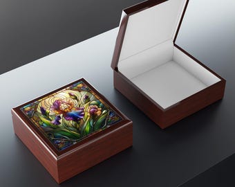 Stained Glass Image Jewelry Box with Iris Design, Floral Trinket Keeper, Wedding Gift, Elegant Storage for Rings & Necklaces