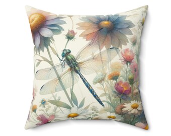 Spun Polyester Square Pillow – Dragonfly & Floral Print Decor