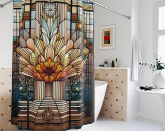 ステンドグラス風の花柄シャワーカーテン：カラフルなボヘミアン風バス
