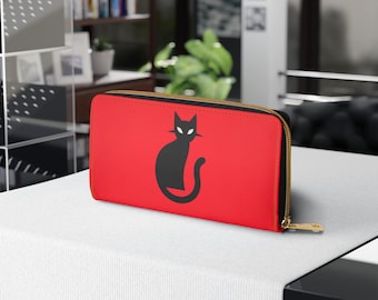 Chic Cat Zipper Wallet for Cat Lovers, Cute Wallet Gift for Her, Stylish Accessory, Red Cat Print, Everyday Use Zipper Purse