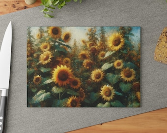 Peut inclure: Une peinture représentant un champ de tournesols en différentes phases de floraison. Les tournesols sont jaunes avec des centres bruns et sont entourés de feuilles vertes. L'arrière-plan est une image floue d'un champ et du ciel.