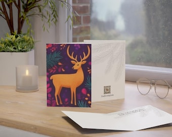 Tarjeta navideña colorida con temática de renos