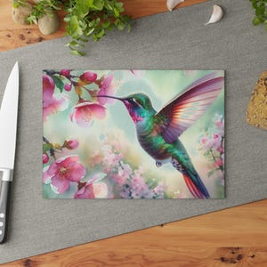 Hummingbird and Flowers Glass Cutting Board.  Decorative Kitchen Decor
