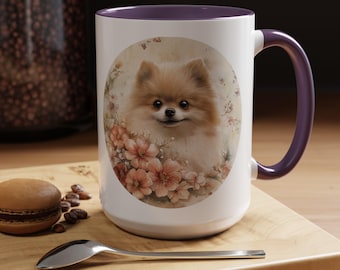 Pommersche Aquarell-Tasse: Hundekaffeetasse mit Blumenmotiv, 11oz/15oz