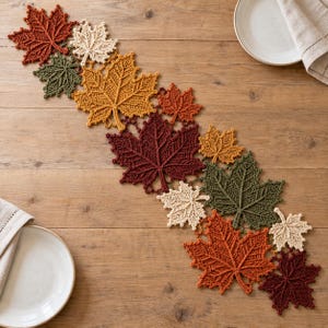 Patrón PDF de camino de mesa de hoja de arce a crochet, 3 tamaños de hoja, acogedor camino de mesa de arce, decoración otoñal