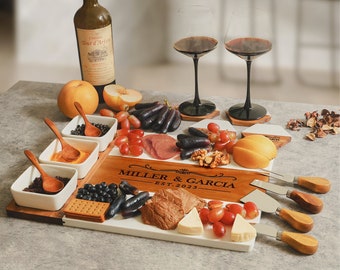 Personalized Charcuterie Board Gift Set(11 pcs) with Marble Wood, Custom Meat and Cheese Board Set, Luxury Charcuterie Board with Engraving