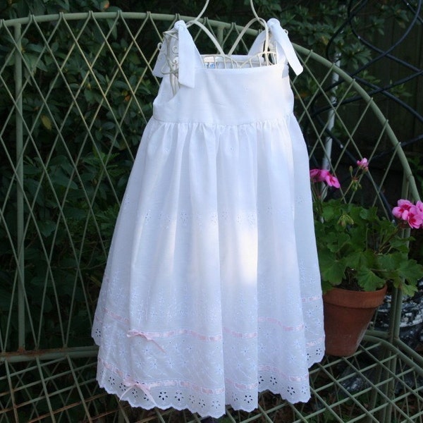 Handmade White eyelet girls dress with satin ribbons./fully lined....Size 1 .2 .3 .4 .5 .6 .7 .8 ,10