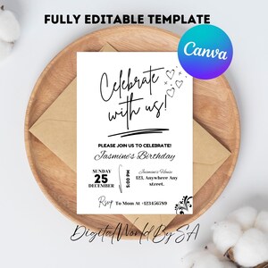Simple Party Invite, Minimalist Birthday Invitation, Adult and Teen Invitation, White Invitations, Editable Template, instant Download