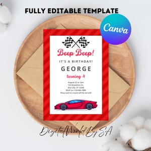 Red Car Birthday Party Invitation, Car birthday invitation, Race Car Birthday Invitation, Car Theme Birthday Invitation, Car Race Birthday