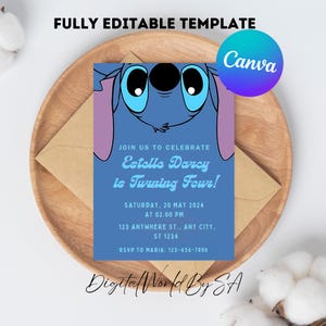 Invito di compleanno Stitch modificabile, invito Stitch stampabile, invito per festa Stitch digitale modello Canva, festa per bambini