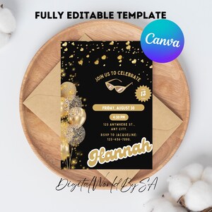 Gold 7th Birthday Invitation Balloon Editable Printable Invite Gold Glitter Instant Download Editable Canva Template