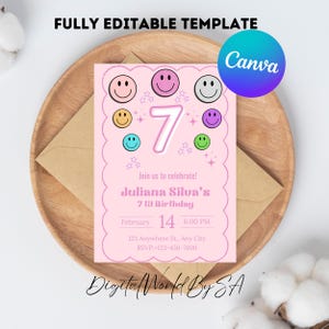 Editable Smiley Face 7th Birthday Invitation, Smiley Face Birthday, Tween Birthday Invite, Girl Seventh Birthday Retro Instant Download