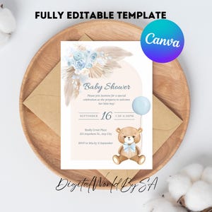 Editable Boho Baby Shower Invitation, Baby Boy Shower Invitation, Pampas Boho Floral Invite, Printable Teddy Bear Baby Shower Invite