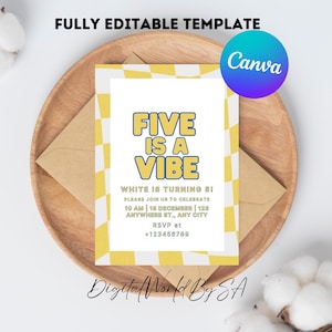 Editable FIVE is a Vibe Checkered Smiley Face Birthday invite, Groovy Retro birthday, emoji invitation Tween Birthday, Any Age Girl Birthday