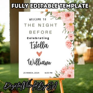 Panneau de bienvenue modifiable de mariage rose, affiche de bienvenue modifiable rose tendre imprimable, modèle de toile de panneau de bienvenue de mariage foral rose floral