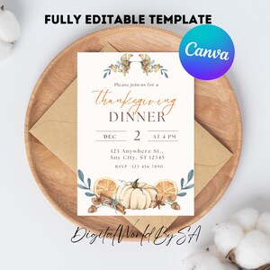 Thanksgiving Dinner Invitation Let&#39;s Give Thanks Turkey Thanksgiving party invite Friendsgiving Dinner Party invite Editable Canva Template