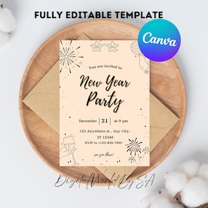Neujahrspartyeinladung druckbar, Feiertagspartyeinladung, bearbeitbarer Canva-Download, Roségold-Glitter Silvester einladen 2025