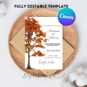 Plantilla imprimible de invitación de boda con árbol rústico de otoño, corazón tallado en roble viejo otoñal, hojas de color naranja quemado, 100 % editable