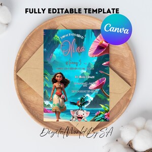 Bearbeitbare Moana Geburtstagseinladung Tropische Themenparty Digitale Einladung Sofortiger Download Canva Vorlage