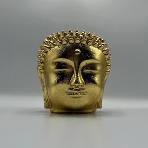 guld Buddha huvudskulptur, zendekor, meditationsbuddha, andlig konst, altarstaty, växtkruka, wabi sabi, ansiktsvas, heminredning, trädgårdsstaty