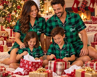 Custom Name On Pocket Family Christmas Pajamas, Personalized Green Black Plaid Satin Pajamas Set, Matching Family Xmas Pjs