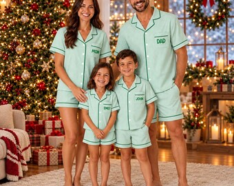 Personalized Christmas Pajamas Matching Family Sets, Custom Name Family Christmas Pjs Short Sleeve Striped Sleepwear Xmas Family Outfits