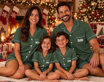 Customized Green Striped Pajamas Set, Personalized Name Family Matching Xmas Pjs, Monogrammed Short Sleeve Holiday Loungewear