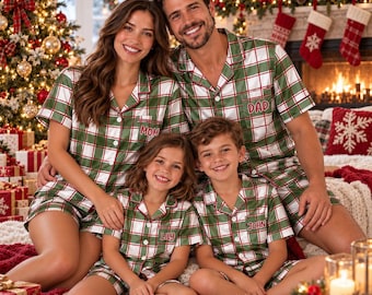 Custom Family Matching Christmas Pajamas, Personalized Green White Plaid Satin Xmas Pjs, Custom Name Pocket Short Sleeve Pjs, Holiday Gift