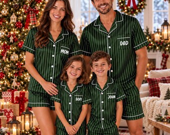 Personalized Forest Green Pinstripe Christmas Pajamas, Matching Family Pjs Set, Custom Name Green Holiday Short Pjs, Family Christmas Gift