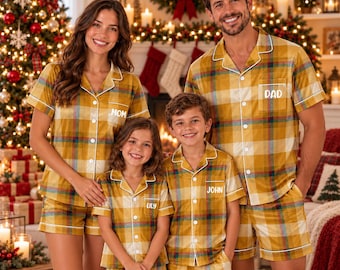Custom Family Matching Christmas Pajamas, Personalized Yellow Plaid Satin Xmas Pjs Set, Custom Name Pocket Short Sleeve Pjs, Holiday Gift