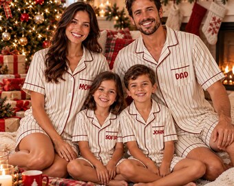 Personalized Ivory Red Pinstripe Christmas Pajamas, Matching Family Pjs Set, Custom Name Cream Holiday Short Pajamas, Family Xmas Outfit